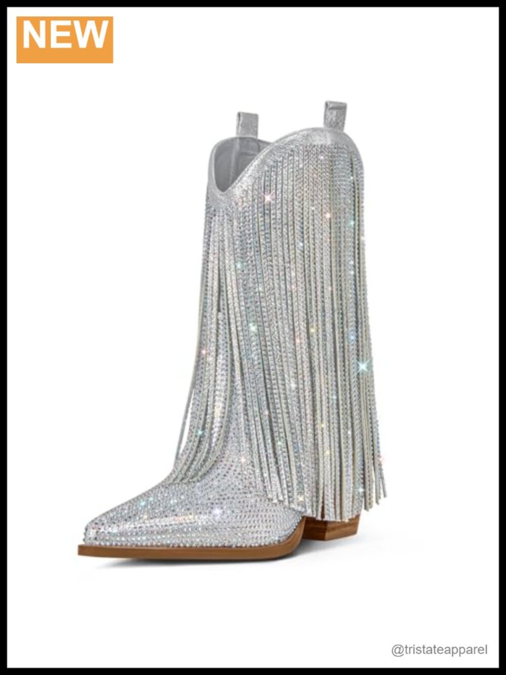 Women Cowgirl Boots Fringe Mid-Calf Rhinestone Pointed Toe Pull-On Stacked Heel